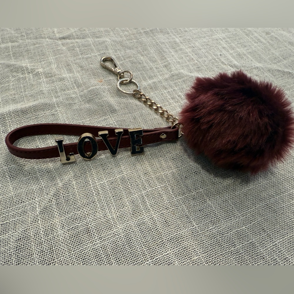 Burgundy Keychain with Pom Pom and LOVE Charm